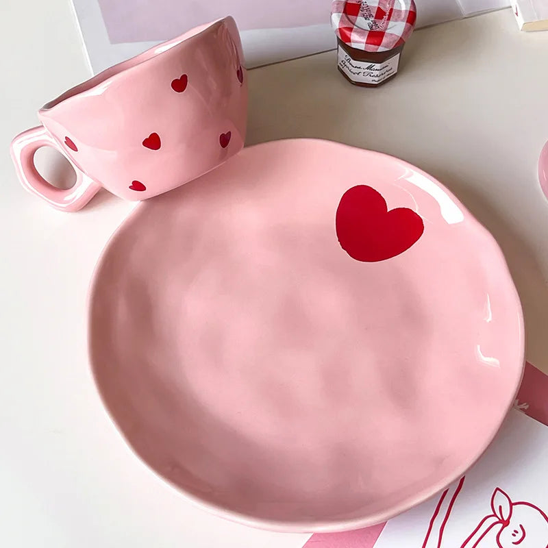 Pink Heart Ceramic Dinnerware – Plates, Cups, and Bowls
